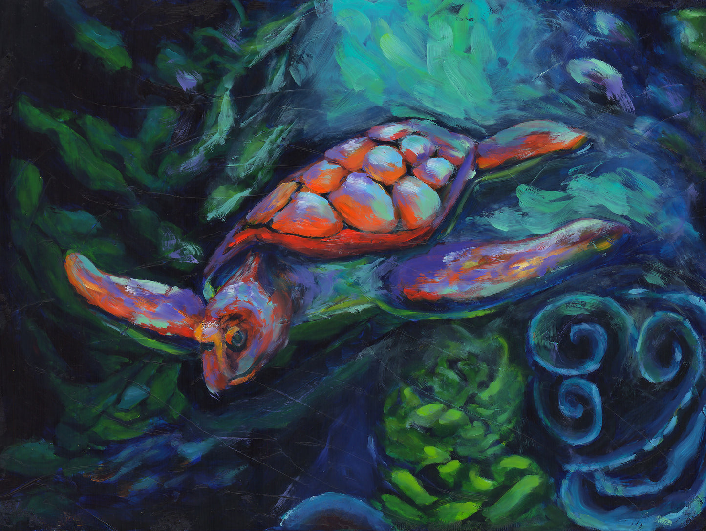 Colorful painting of a turtle swimming underwater with marine life.