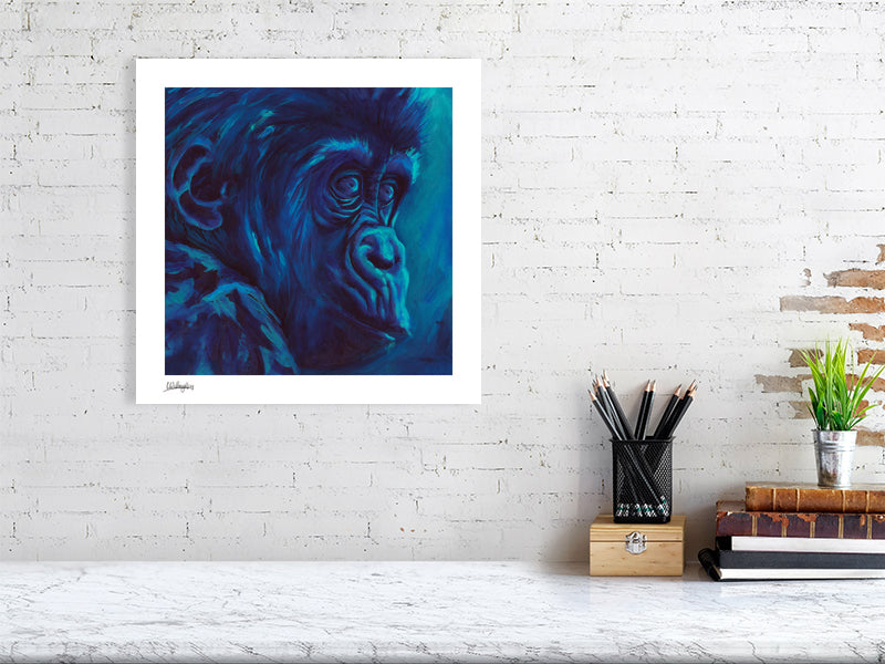 chimpanzee painted in blues on fine art print