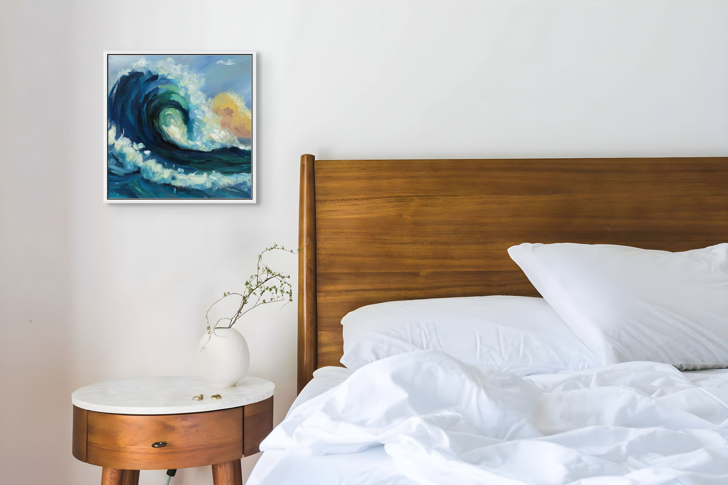 Expressive ocean wave oil painting in bedroom setting