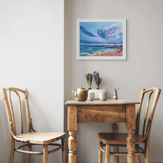 Hythe Beach coastal oil painting with expressive clouds