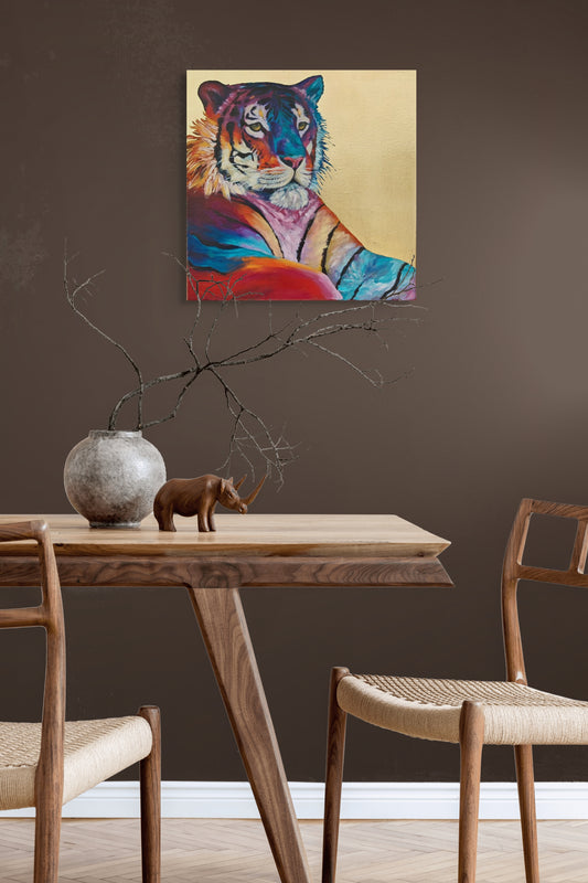 Luxury animal oil painting by British artist displayed in a dinning room