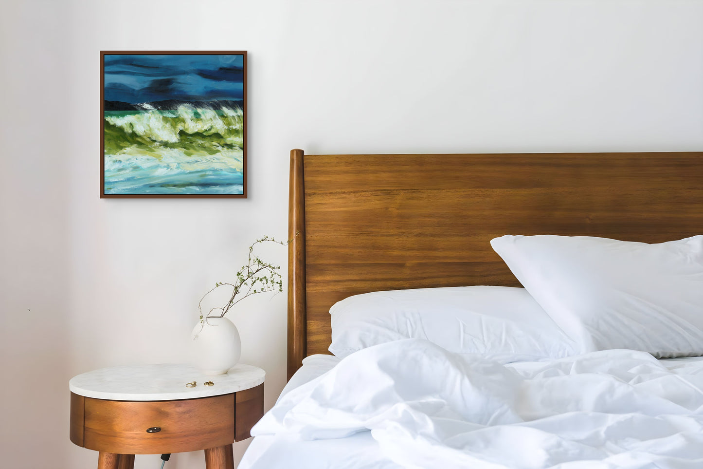 Stormy coastal oil painting with expressive brushwork displayed in bedroom