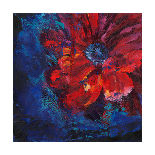 Abstract fine art print of a poppy with contrasting blue background
