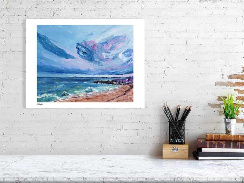 Colourful wall art print of British beach with voluptuous clouds 