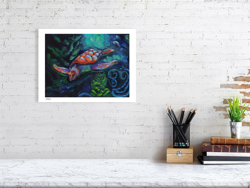 abstract painting of a turtle on a white brick wall above a desk.