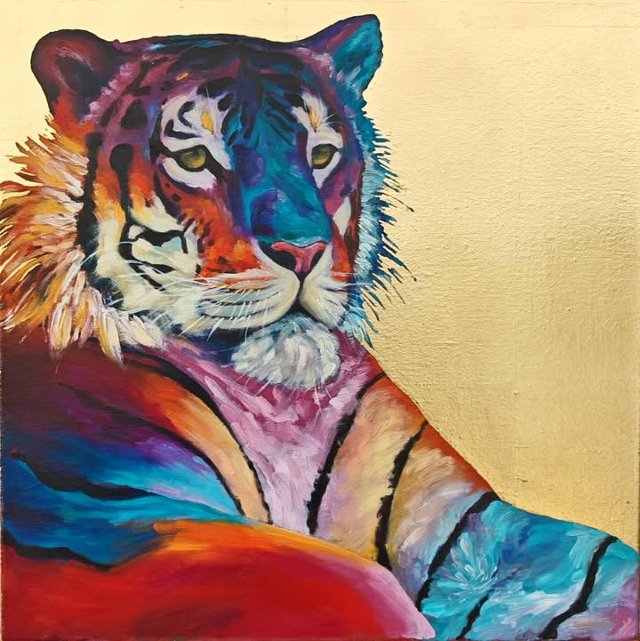 Original Sumatran tiger oil painting with gold gilded background on canvas