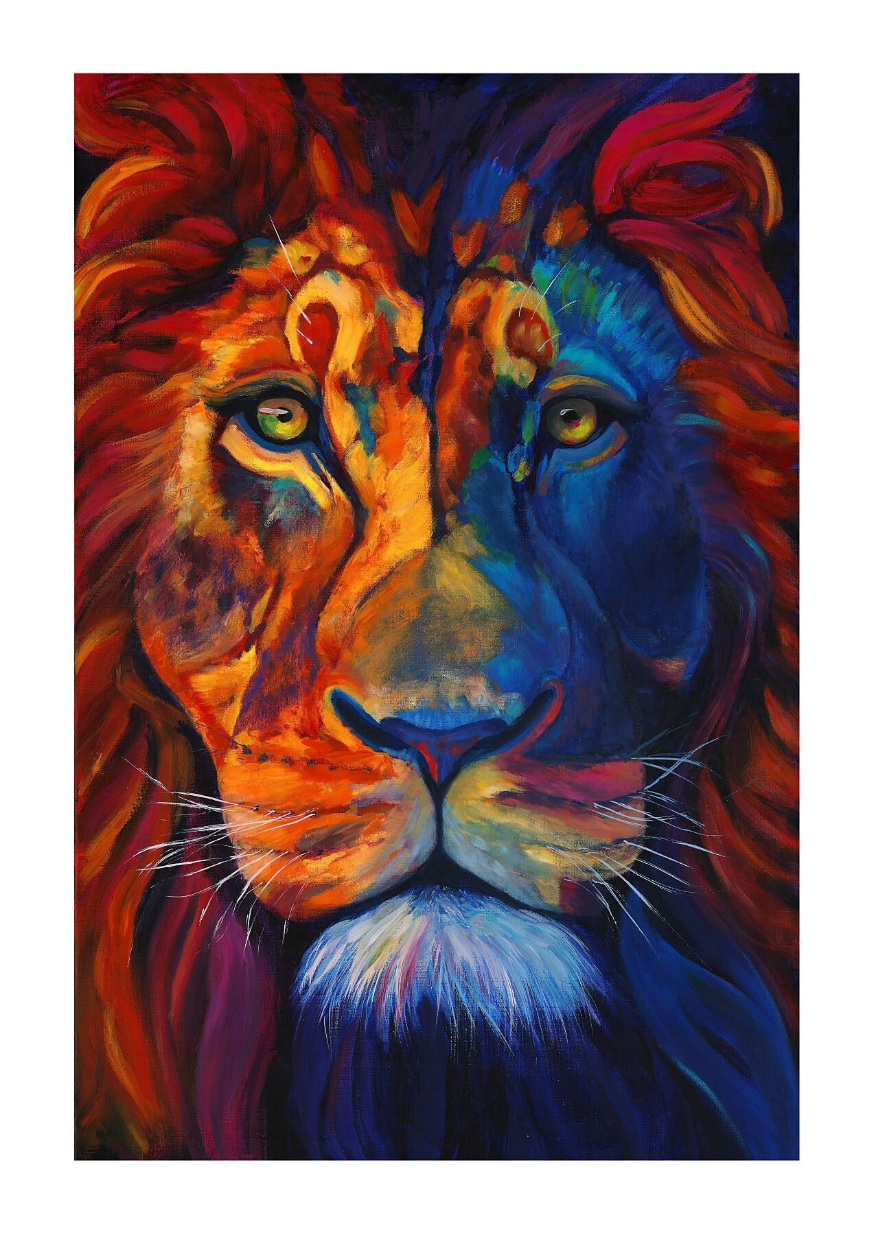 Colorful painting of a lion's face with vibrant red, blue, and orange hues.