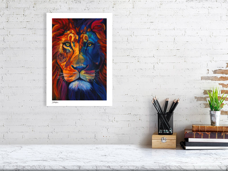 Colorful lion painting on a white brick wall above a desk by British artist. 