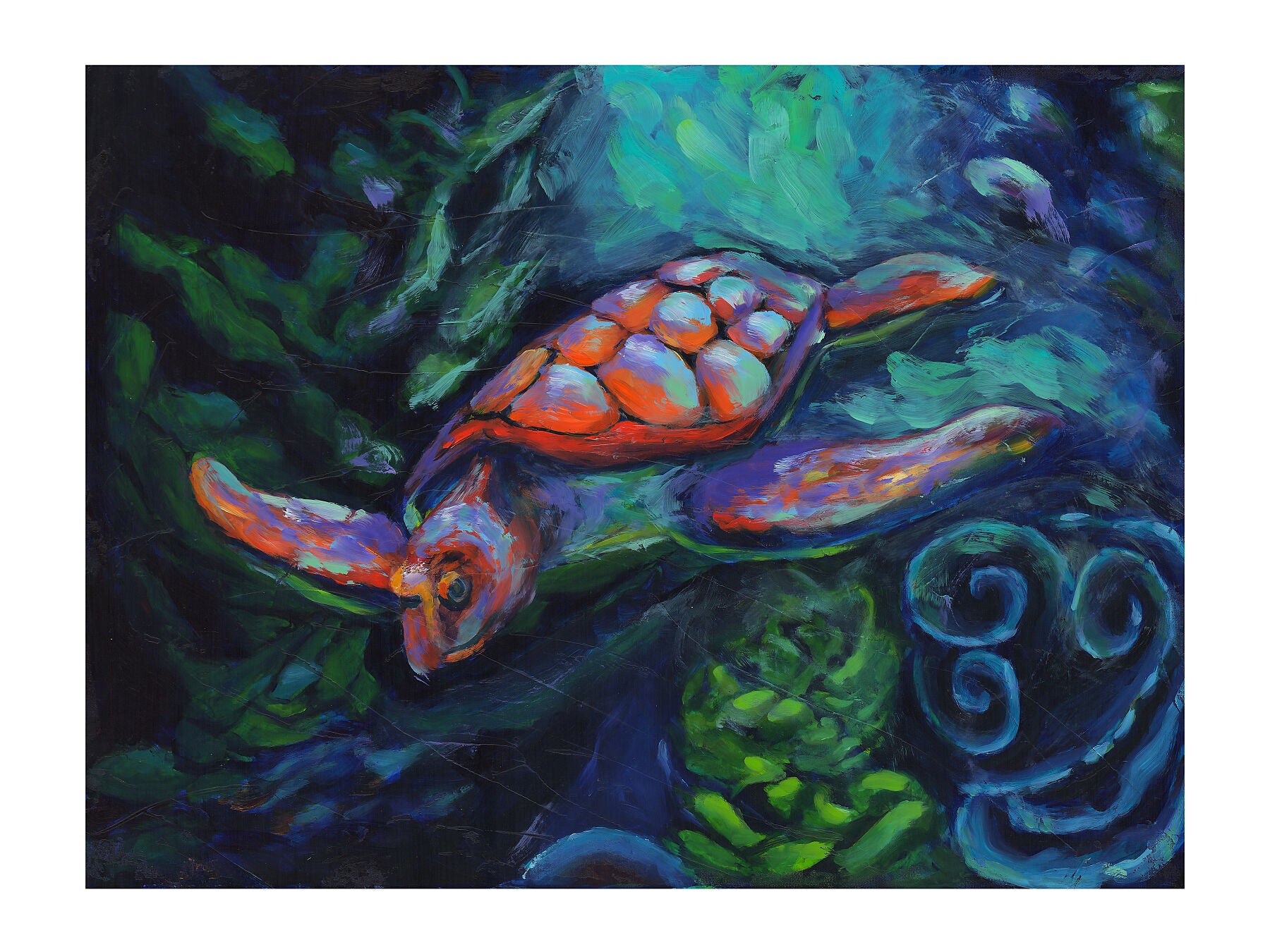 Colorful painting of a turtle in an underwater scene with swirling patterns.