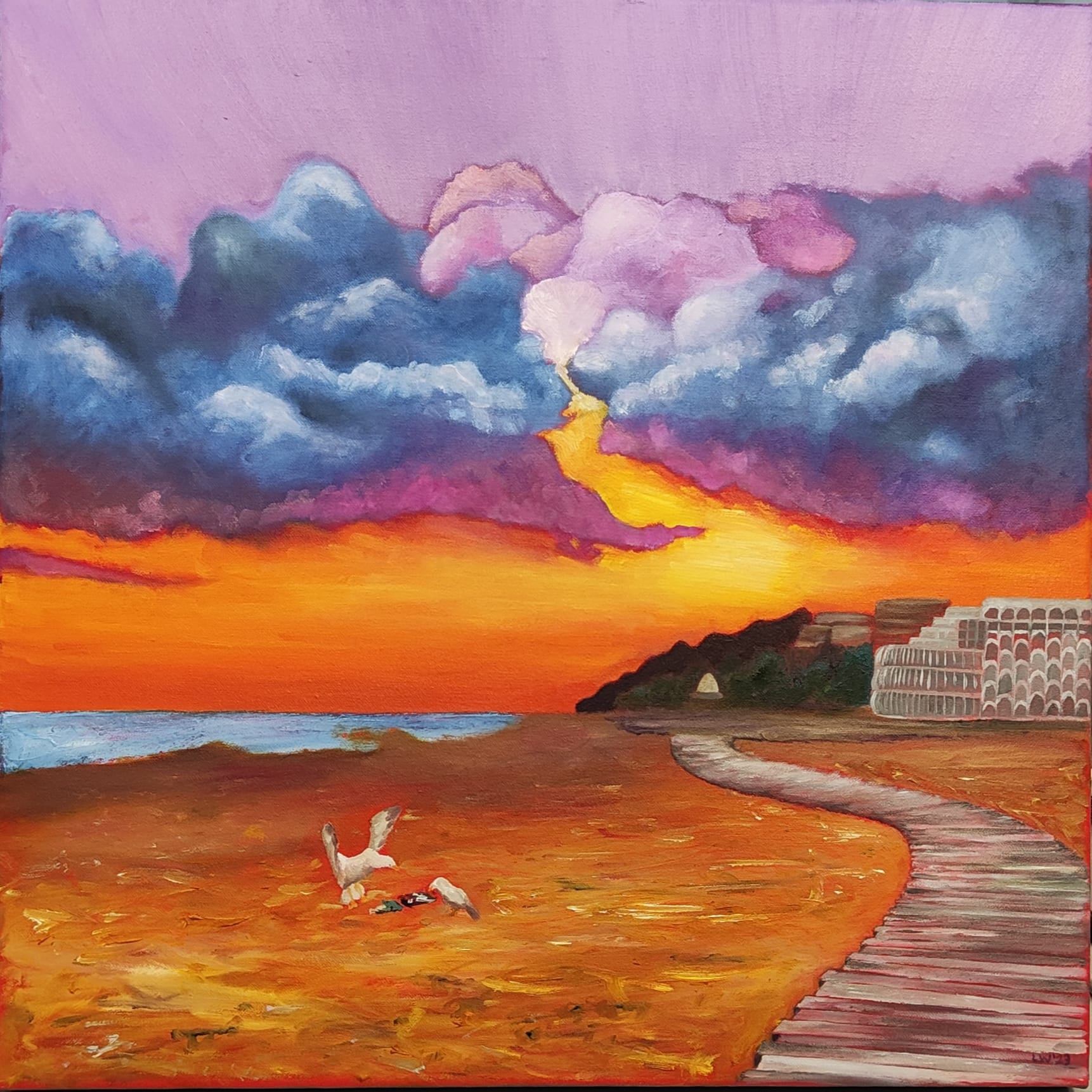 Original seascape oil painting of beach scene with expressive brushwork on canvas