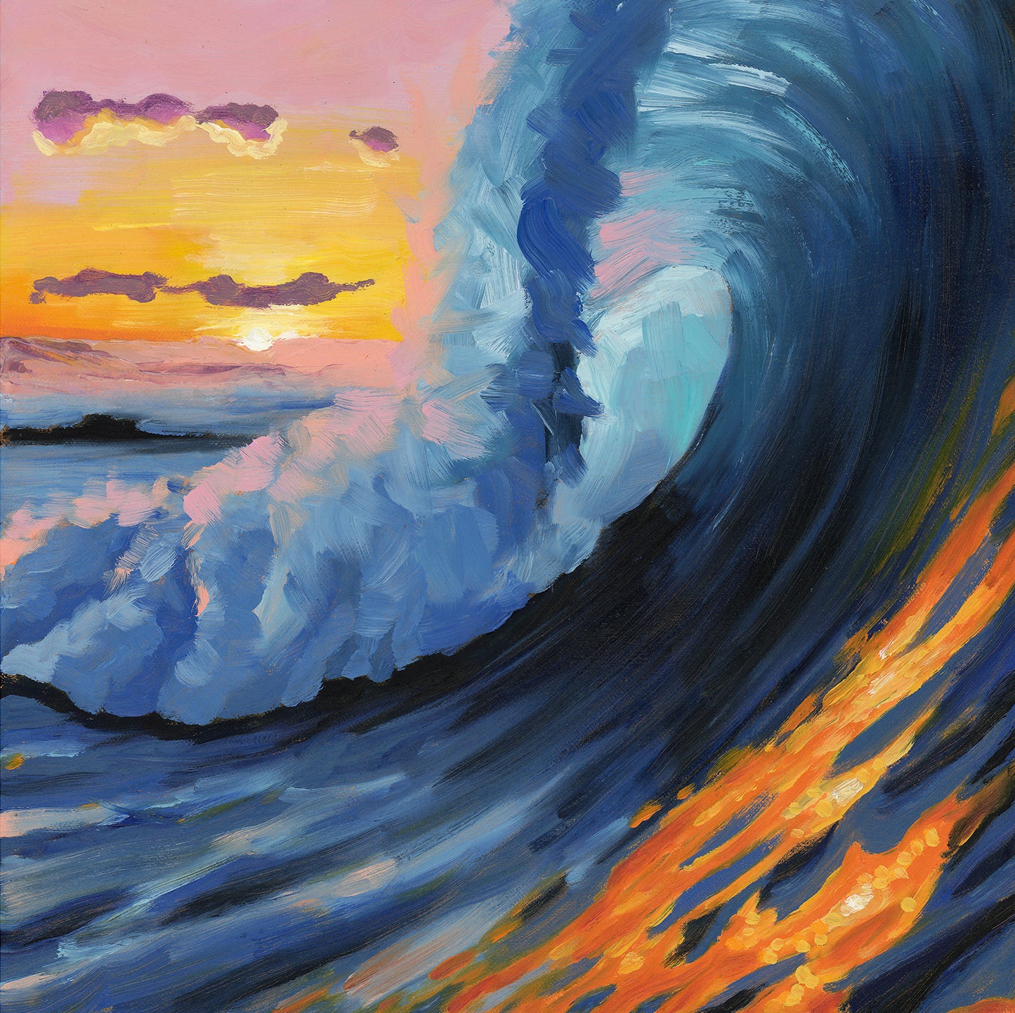 Original wave seascape oil painting at sunset with vibrant colour on canvas