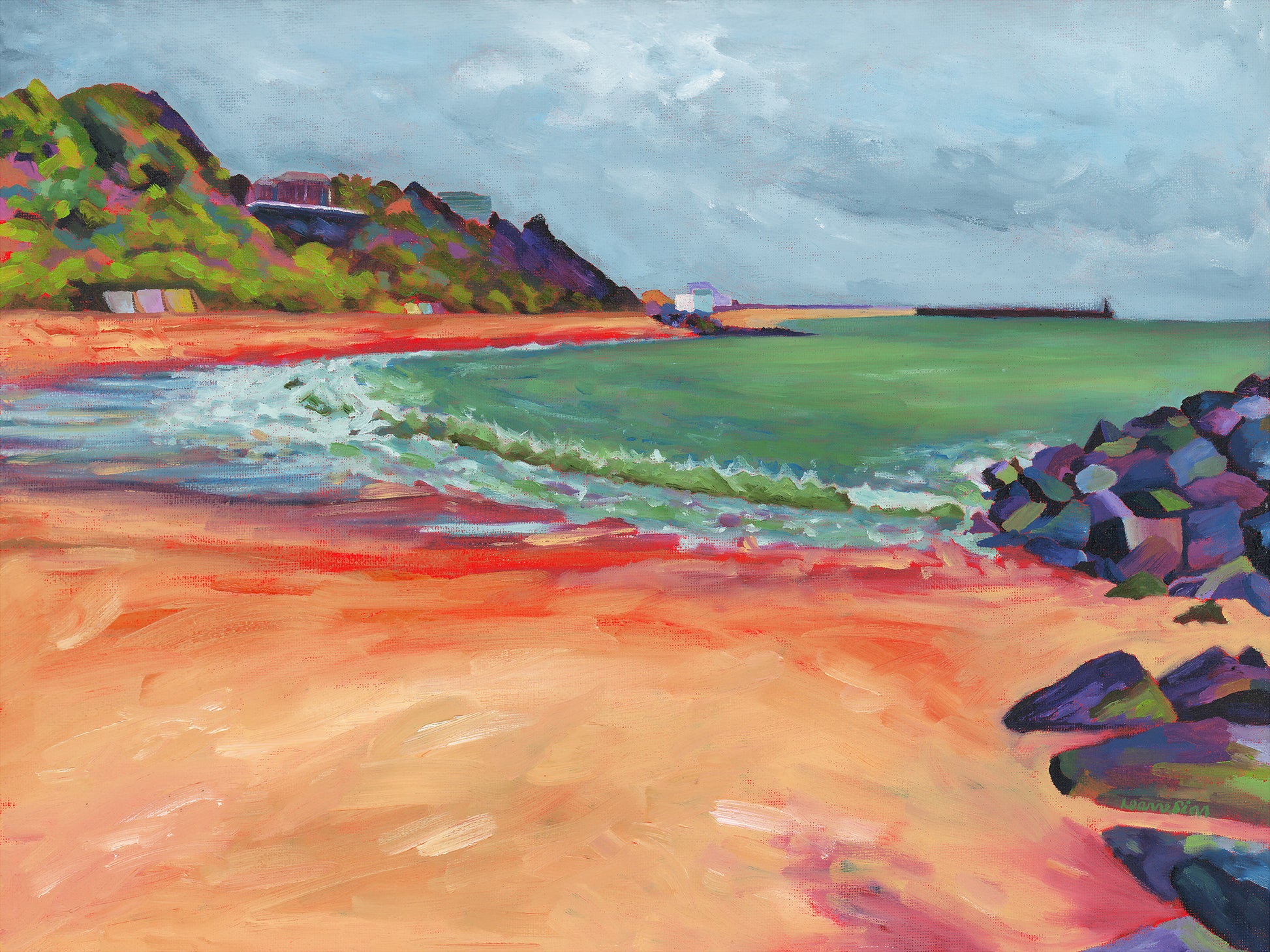 Original seascape oil painting of Mermaid Beach in Folkestone, framed