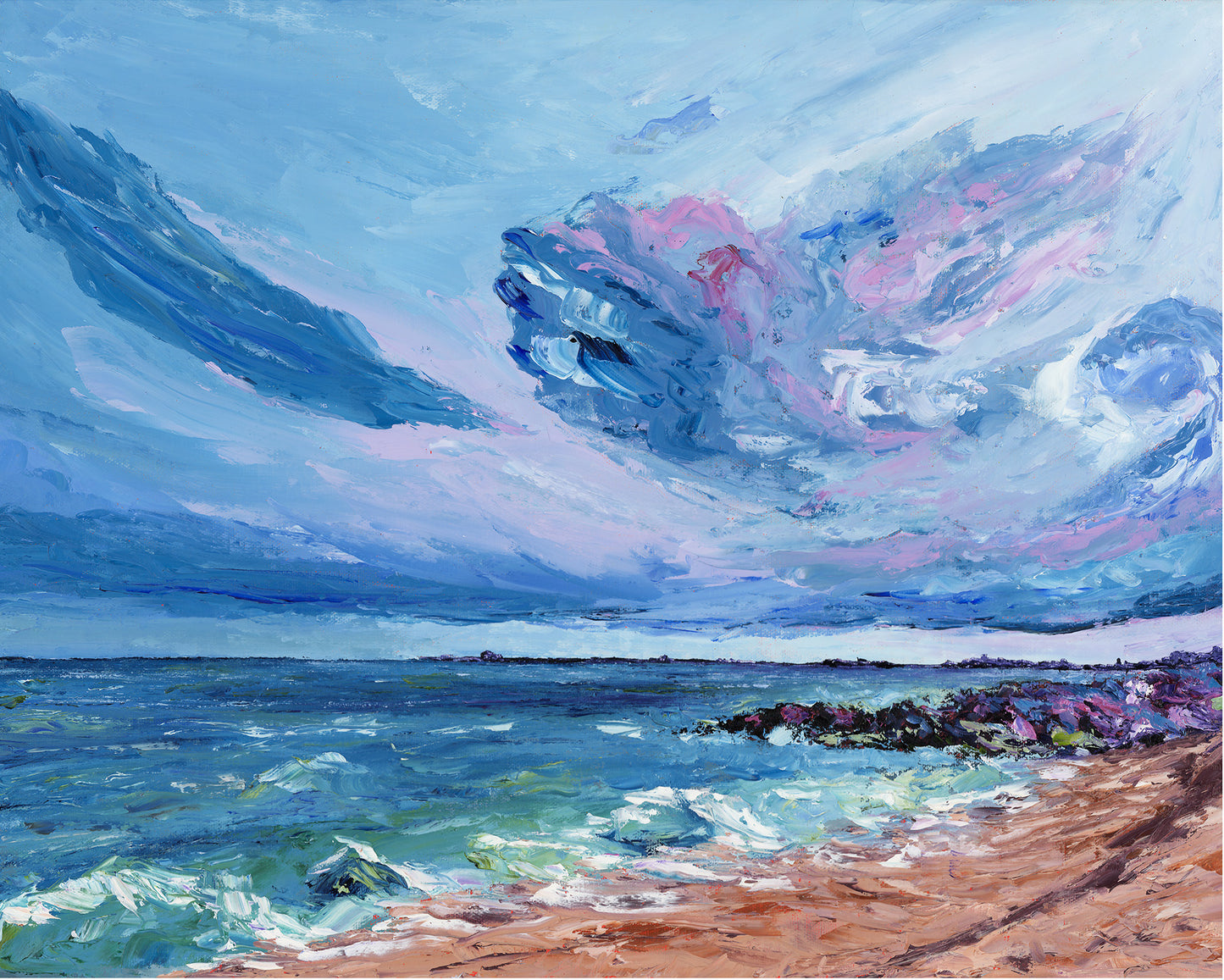 Original seascape oil painting of Hythe Beach with dramatic sky and sea