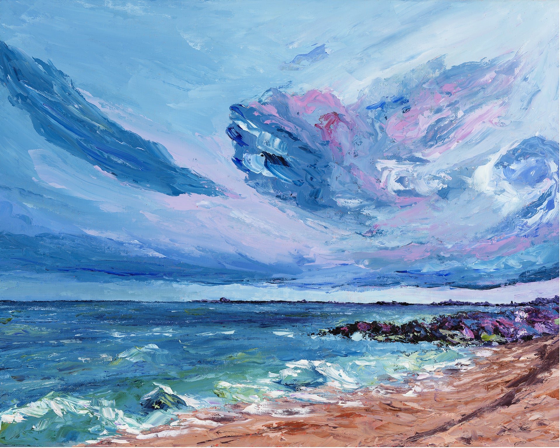 Original seascape oil painting of Hythe Beach with dramatic sky and sea