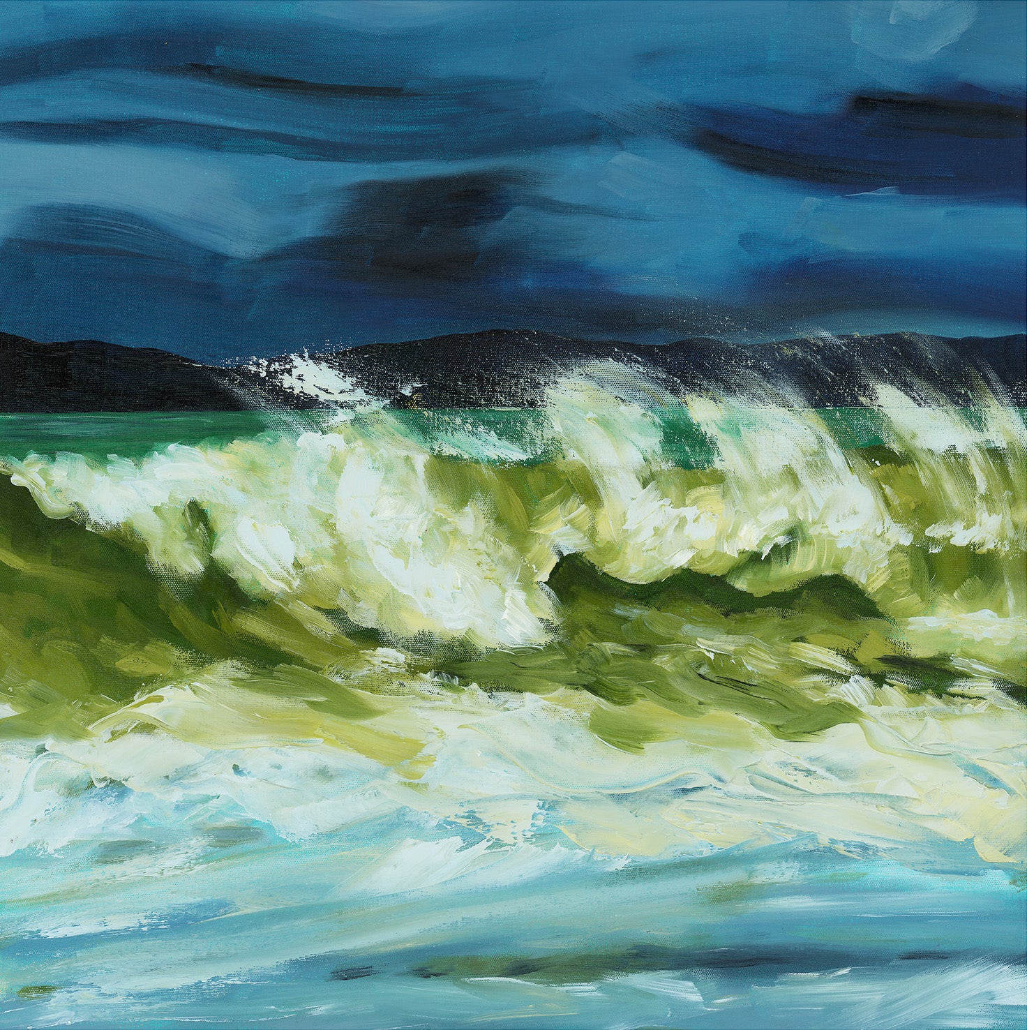 Original seascape oil painting of stormy waves and dark blue sky on canvas