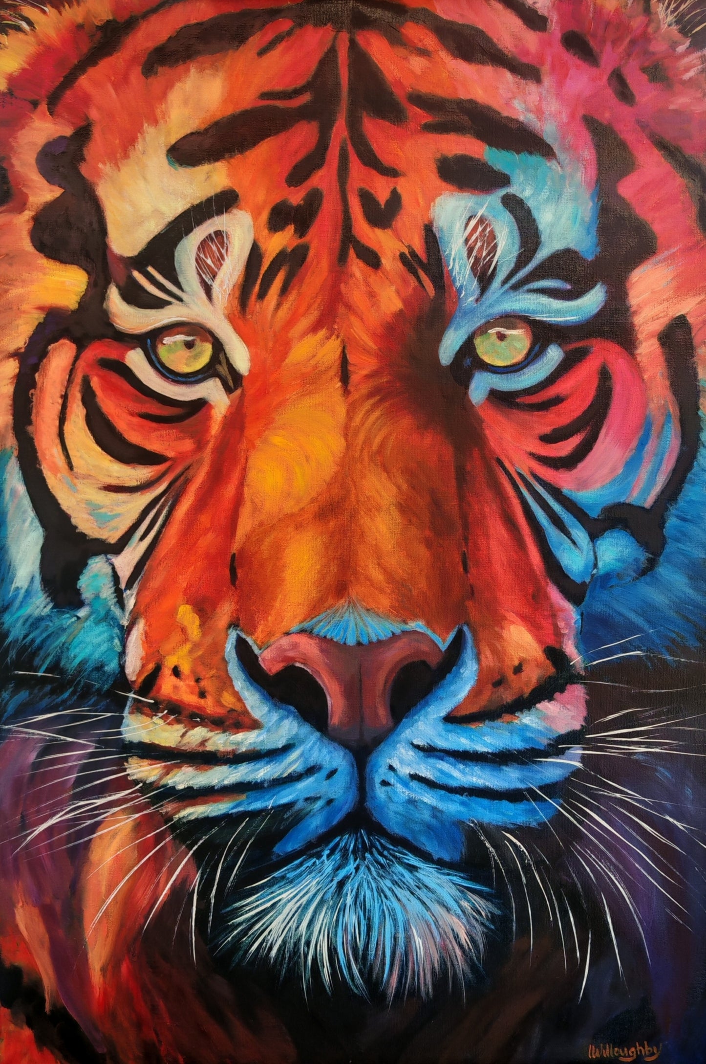 Colorful tiger painting with vibrant orange, blue, and black colors.