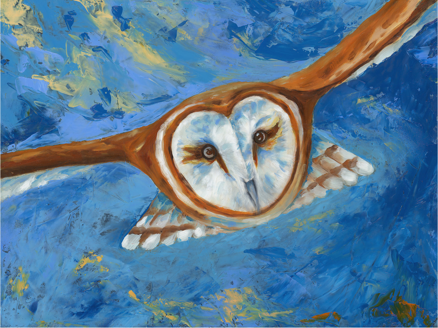 Painting of an owl in flight against a blue background