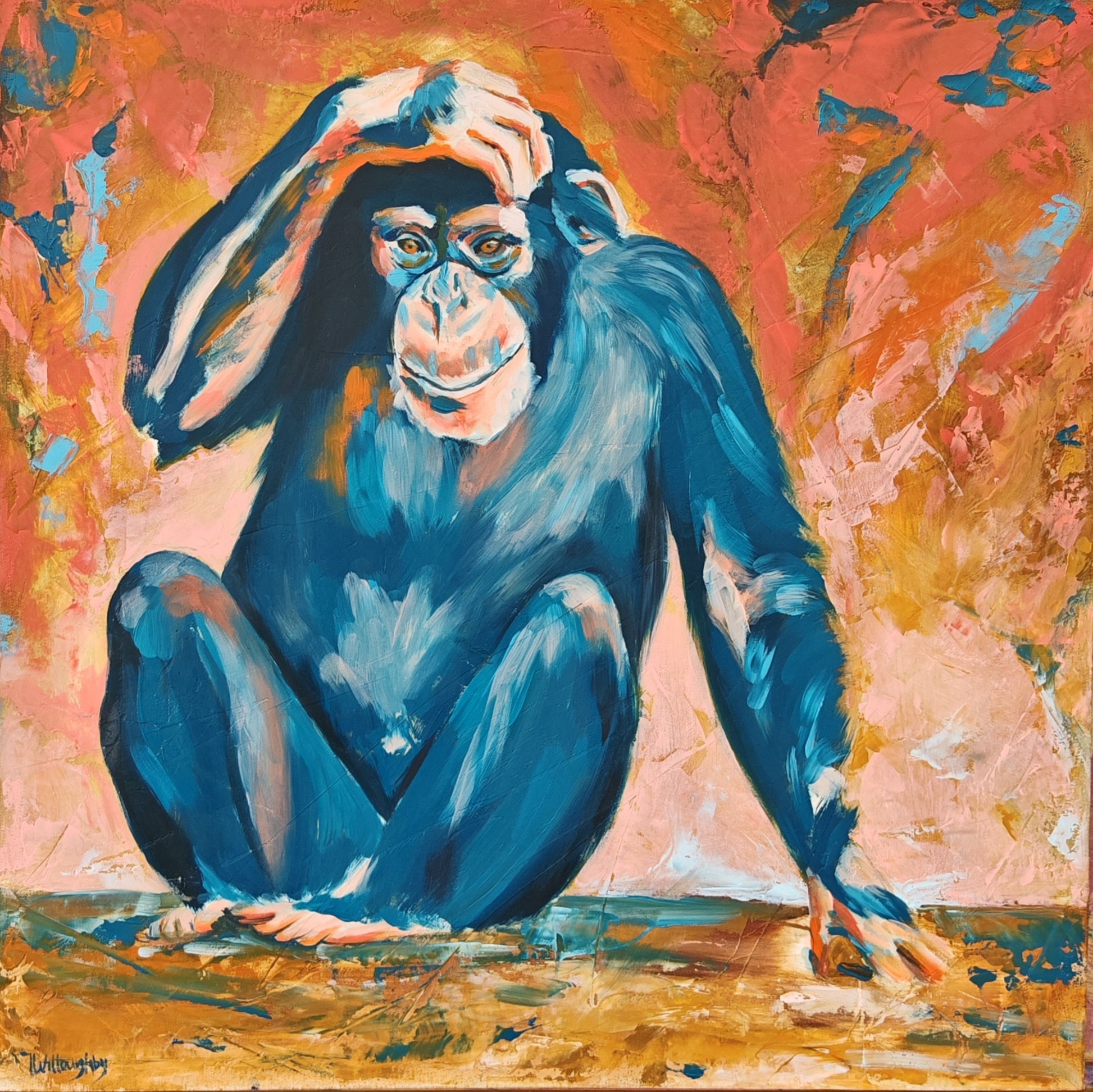 Chimpanzee oil painting with expressive brushwork on canvas