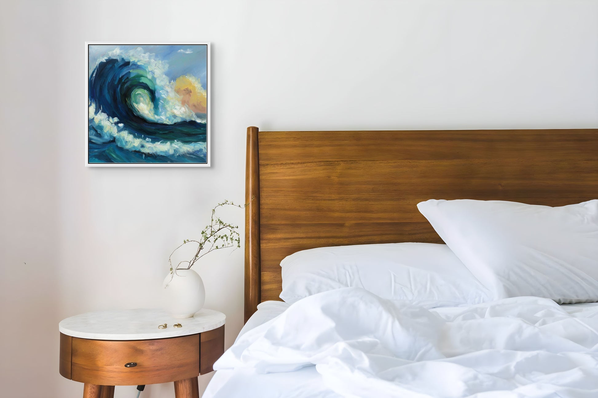 Expressive ocean wave oil painting in bedroom setting