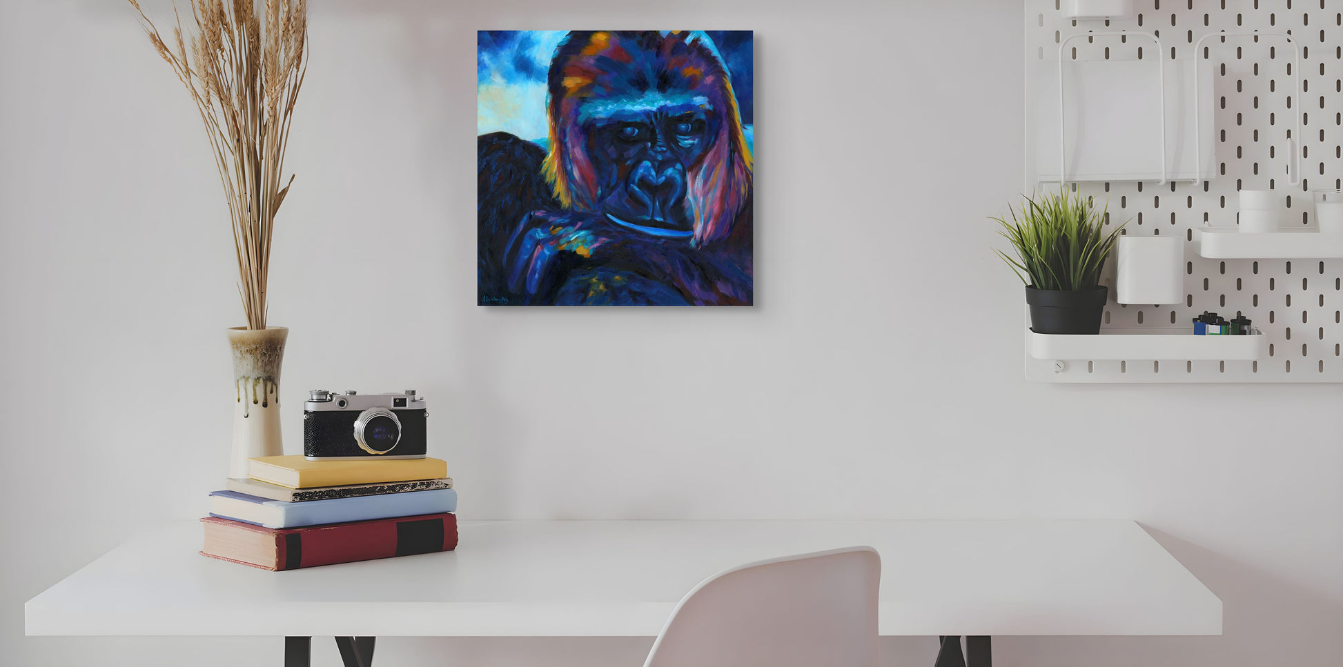 Contemporary wildlife oil painting of a gorilla displayed in an office