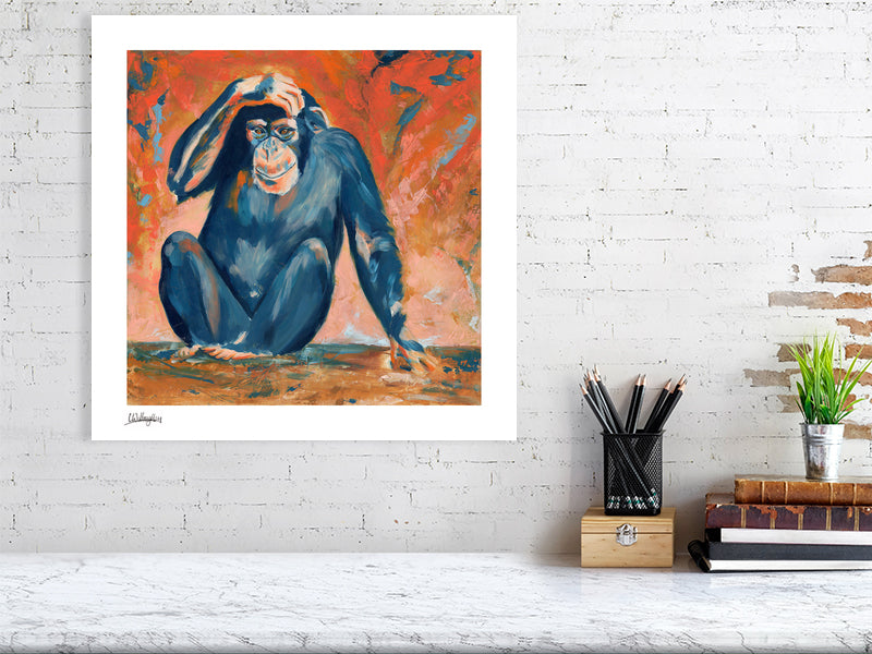 Chimpanzee with thoughtful expression sitting against wall 