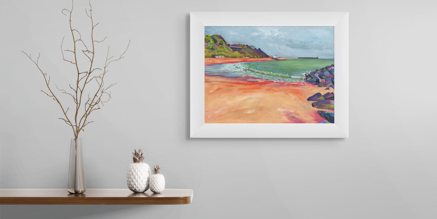 Framed oil painting of a coastal scene by British artist. 
