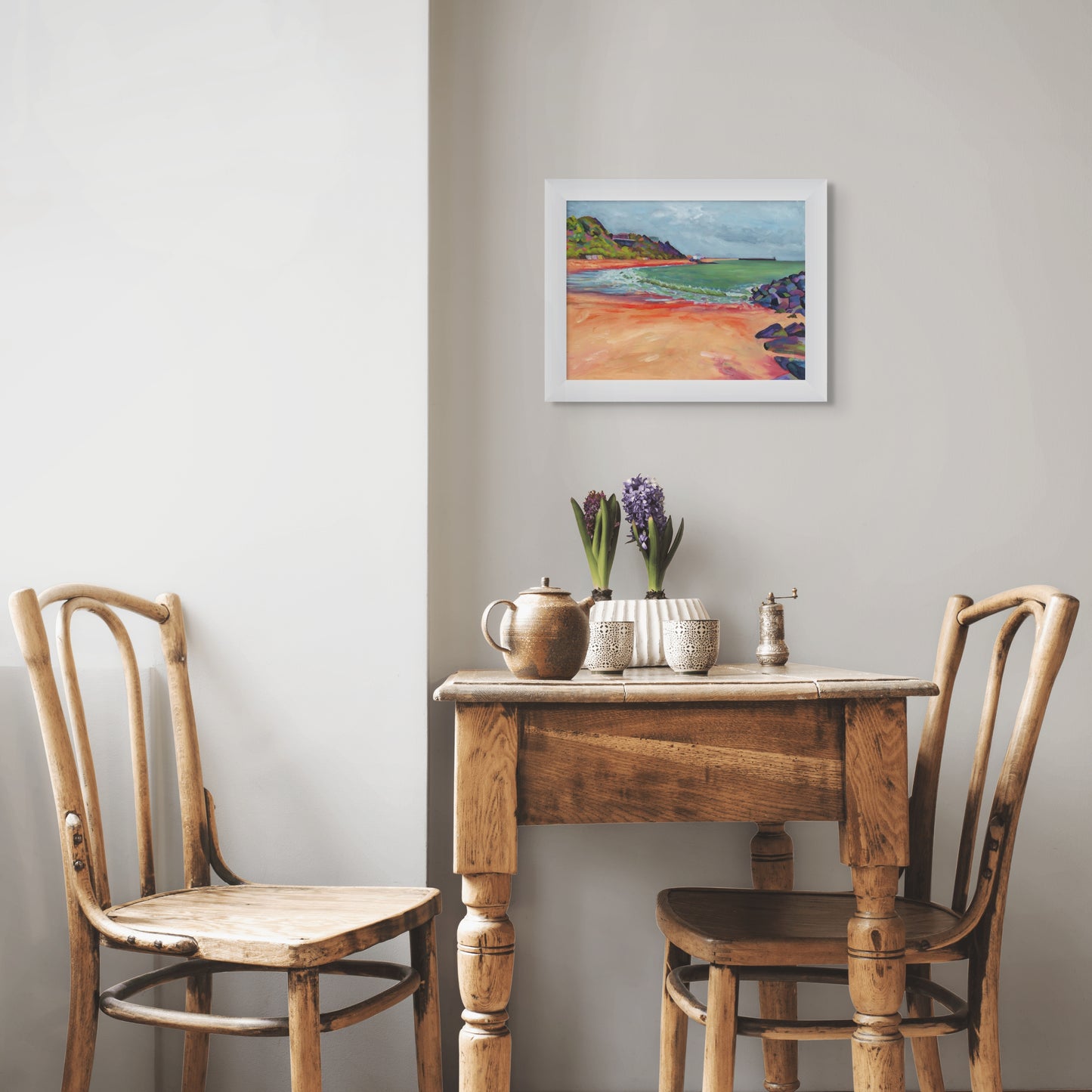 Framed oil painting of Folkestone beach by British artist 