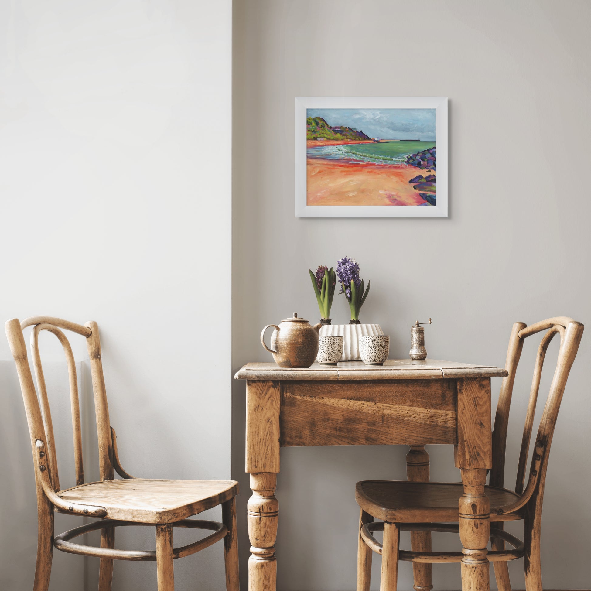 Framed oil painting of Folkestone beach by British artist 