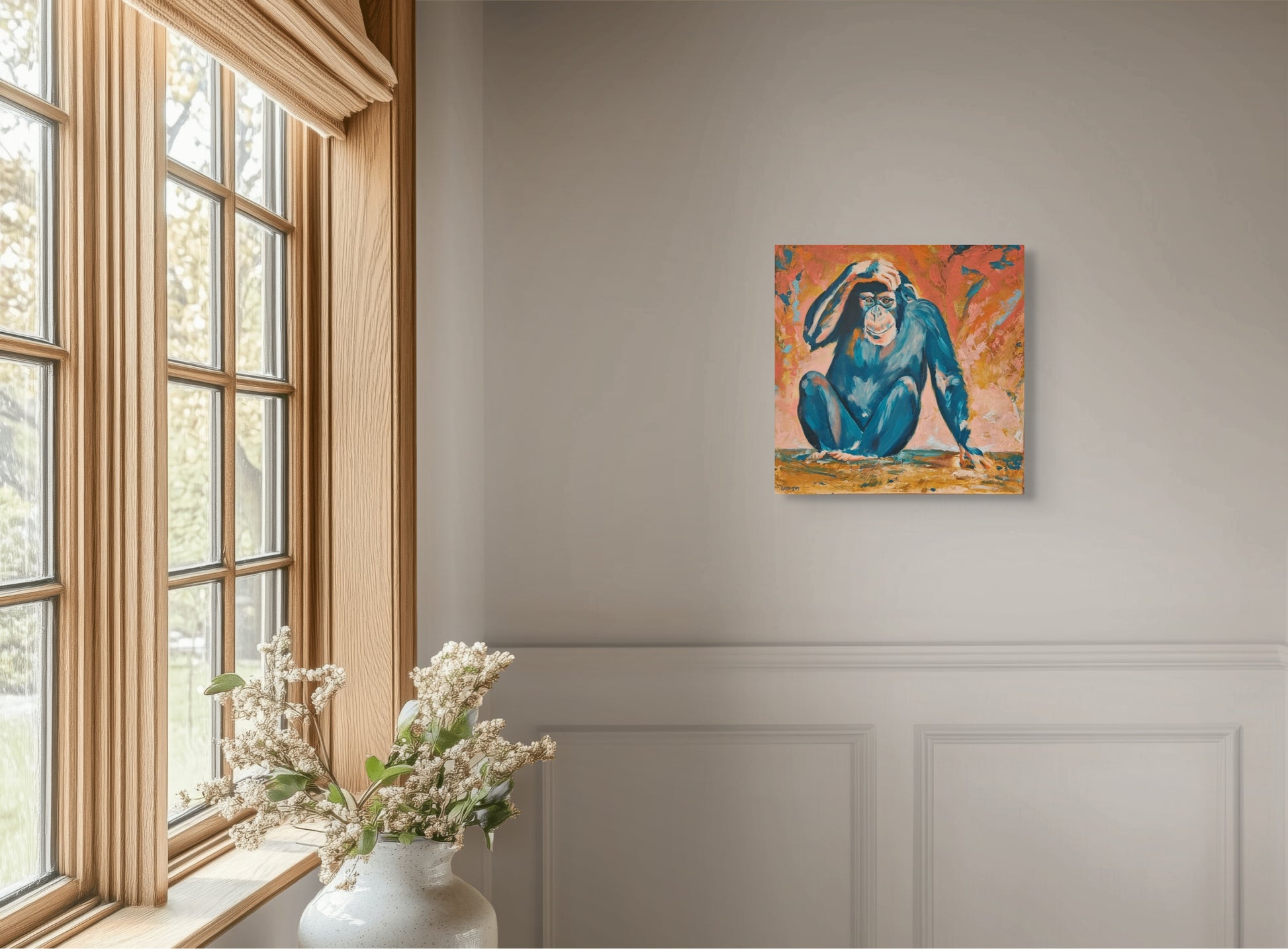 Contemporary wildlife painting of thoughtful chimpanzee