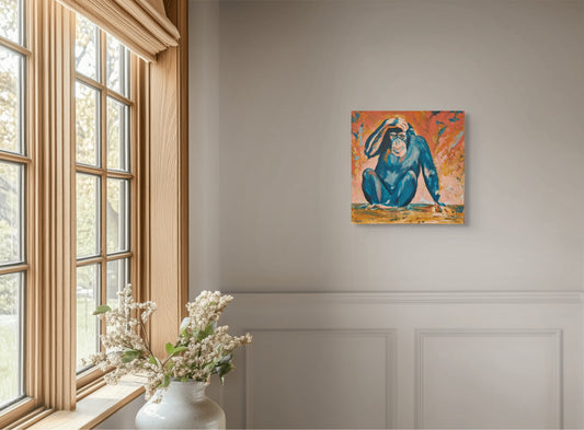 Contemporary wildlife painting of thoughtful chimpanzee