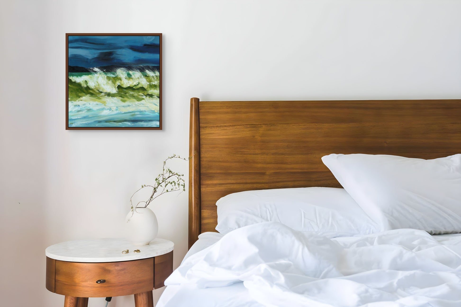 Stormy coastal oil painting with expressive brushwork displayed in bedroom