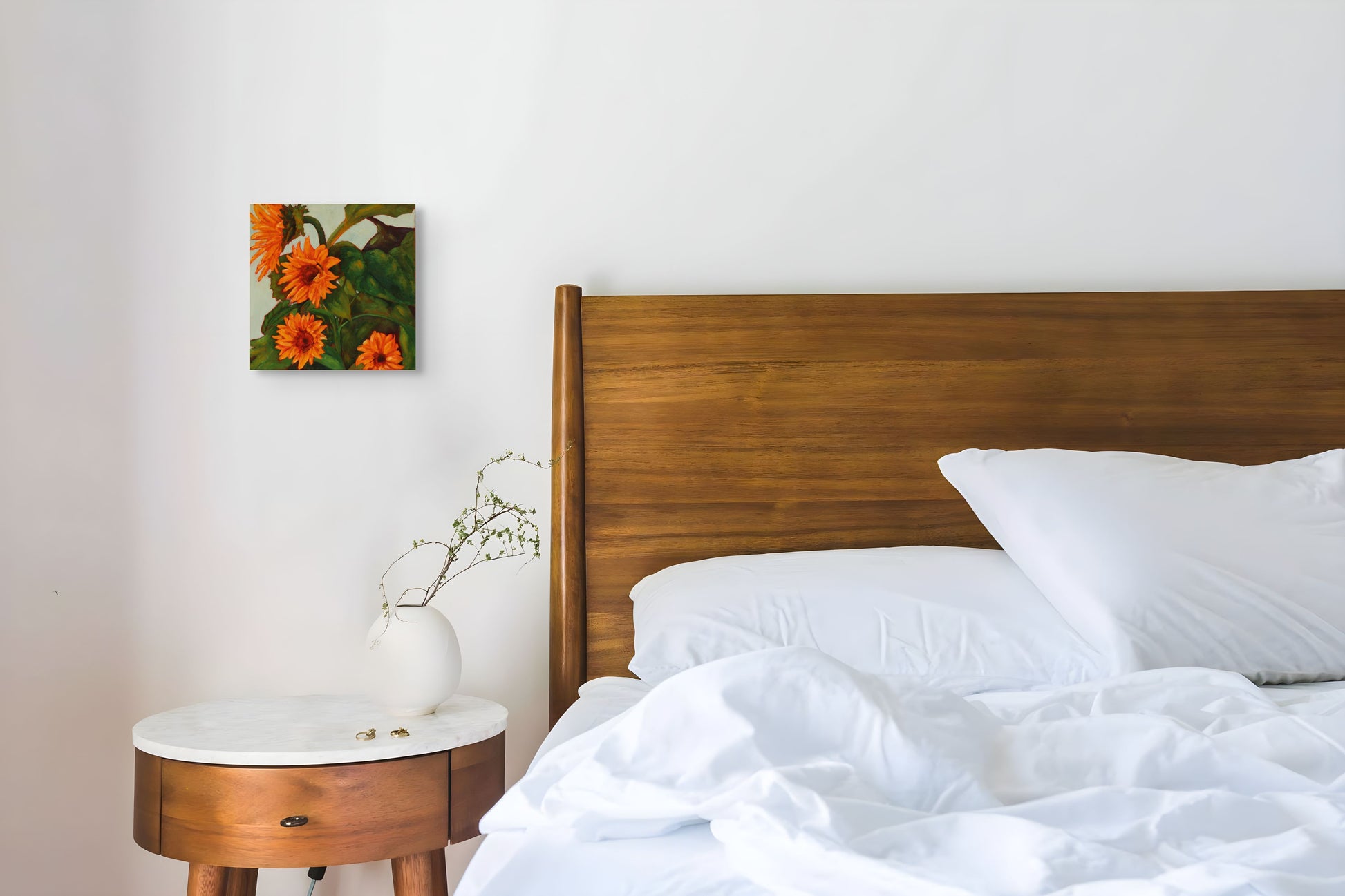 Colourful sunflower oil painting on deep edge canvas displayed in bedroom 