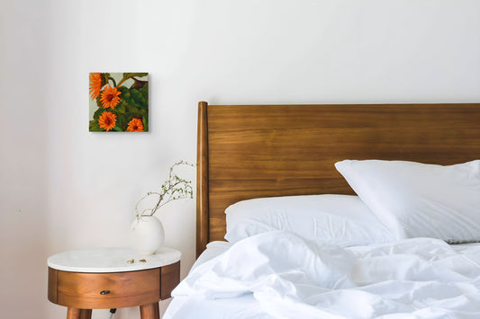 Colourful sunflower oil painting on deep edge canvas displayed in bedroom 